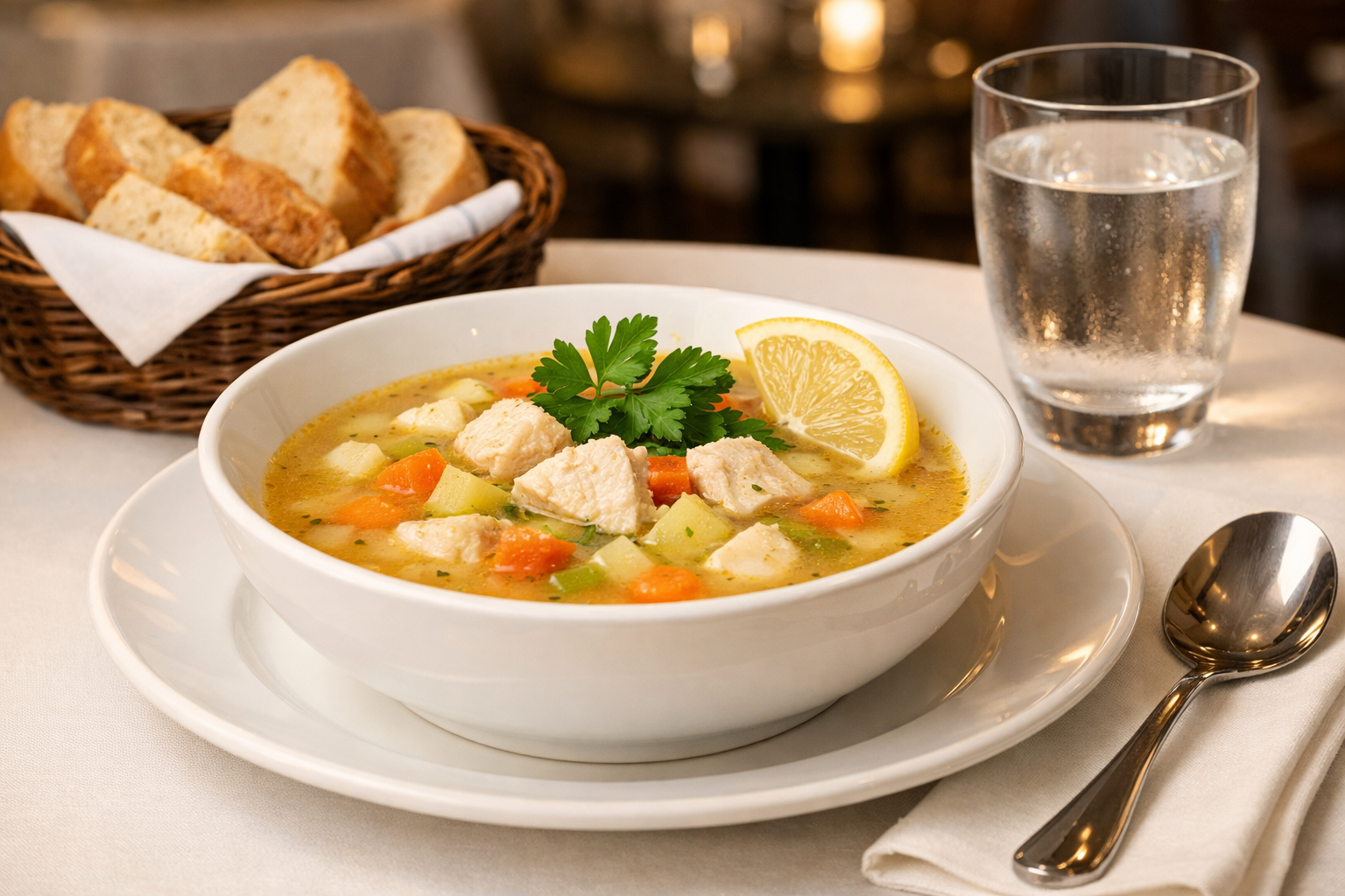 Ekmek ve limon eşliğinde servis edilen balık çorbası sofrası