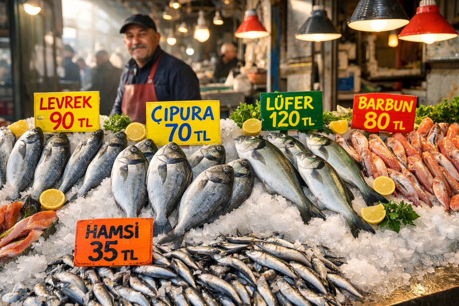 Mevsimlik taze balıklarla dolu balık pazarı tezgâhı