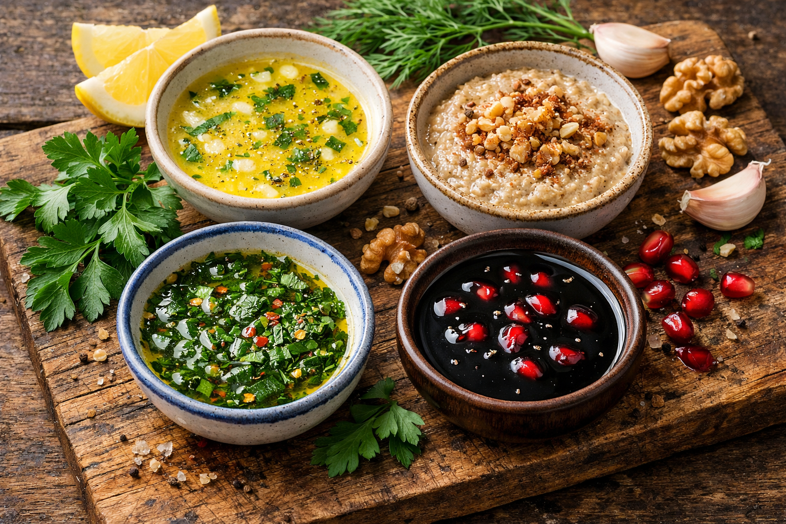 Tarator sos, limonlu zeytinyağı ve sarımsaklı yoğurt küçük kaselerde