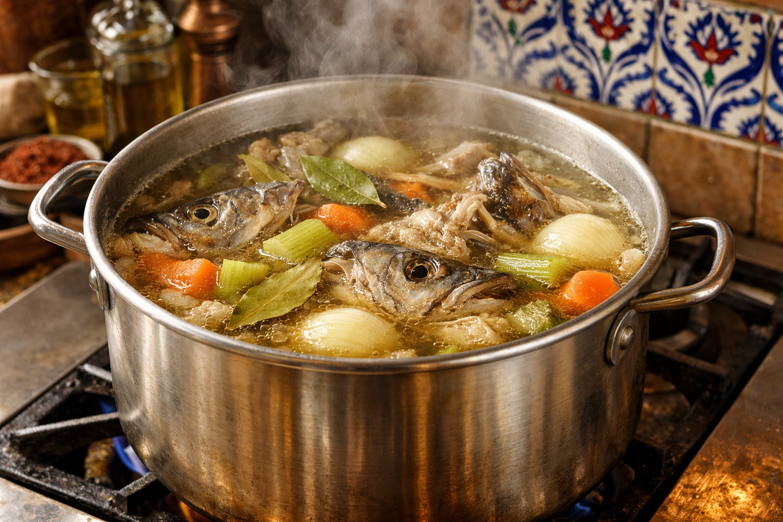 Tencerede balık kılçıkları ve sebzelerle hazırlanan ev yapımı balık suyu