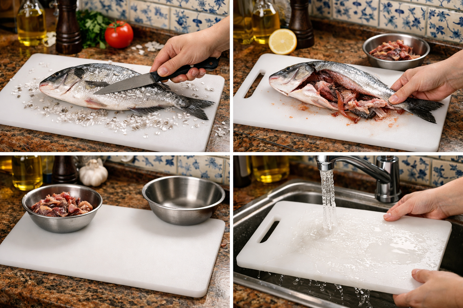 Kesme tahtası üzerinde temizlenmeye hazır taze balık ve mutfak gereçleri