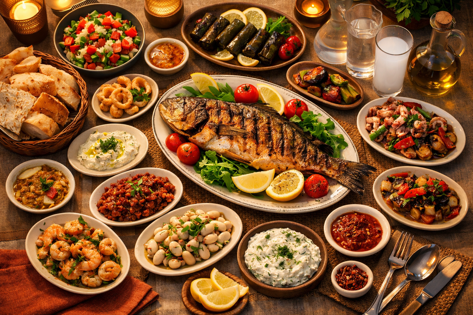 Balık tabağının yanında çeşitli salatalar, garnitürler ve soslar