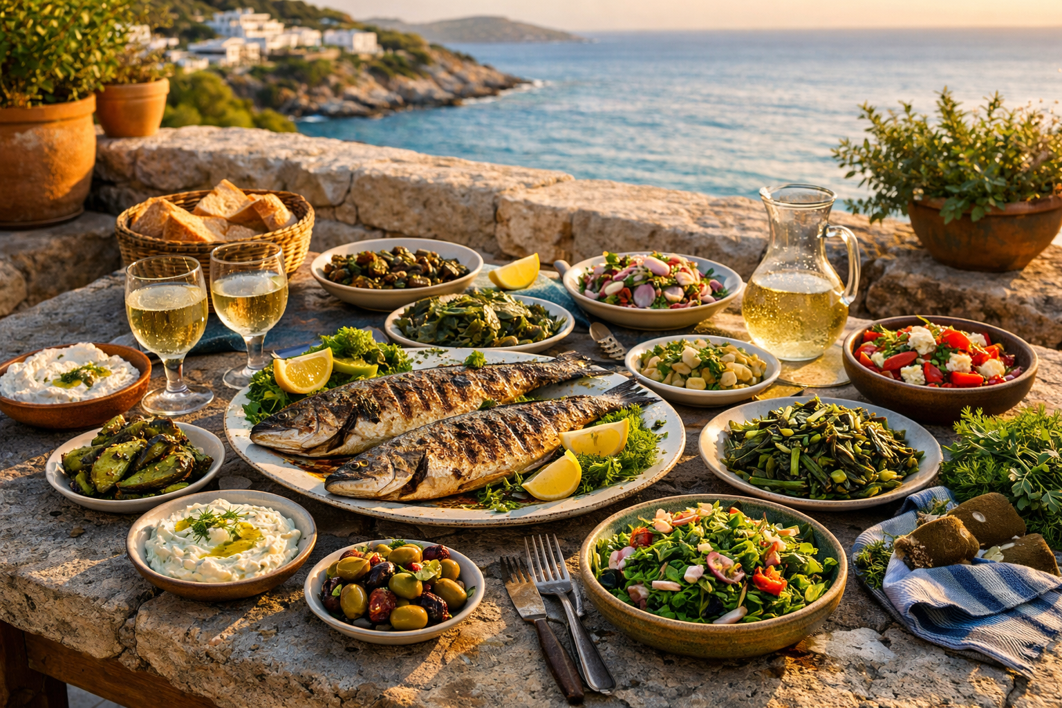 Ege kıyısında taze balıklarla hazırlanmış sofra
