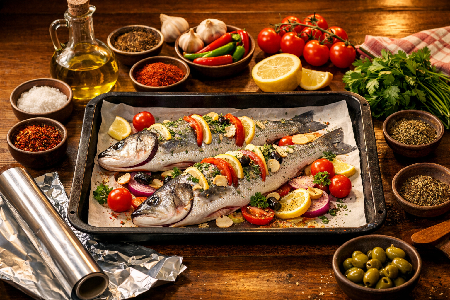 Fırında pişmiş bütün balık, sebzeler ve zeytinyağı ile servis edilmiş