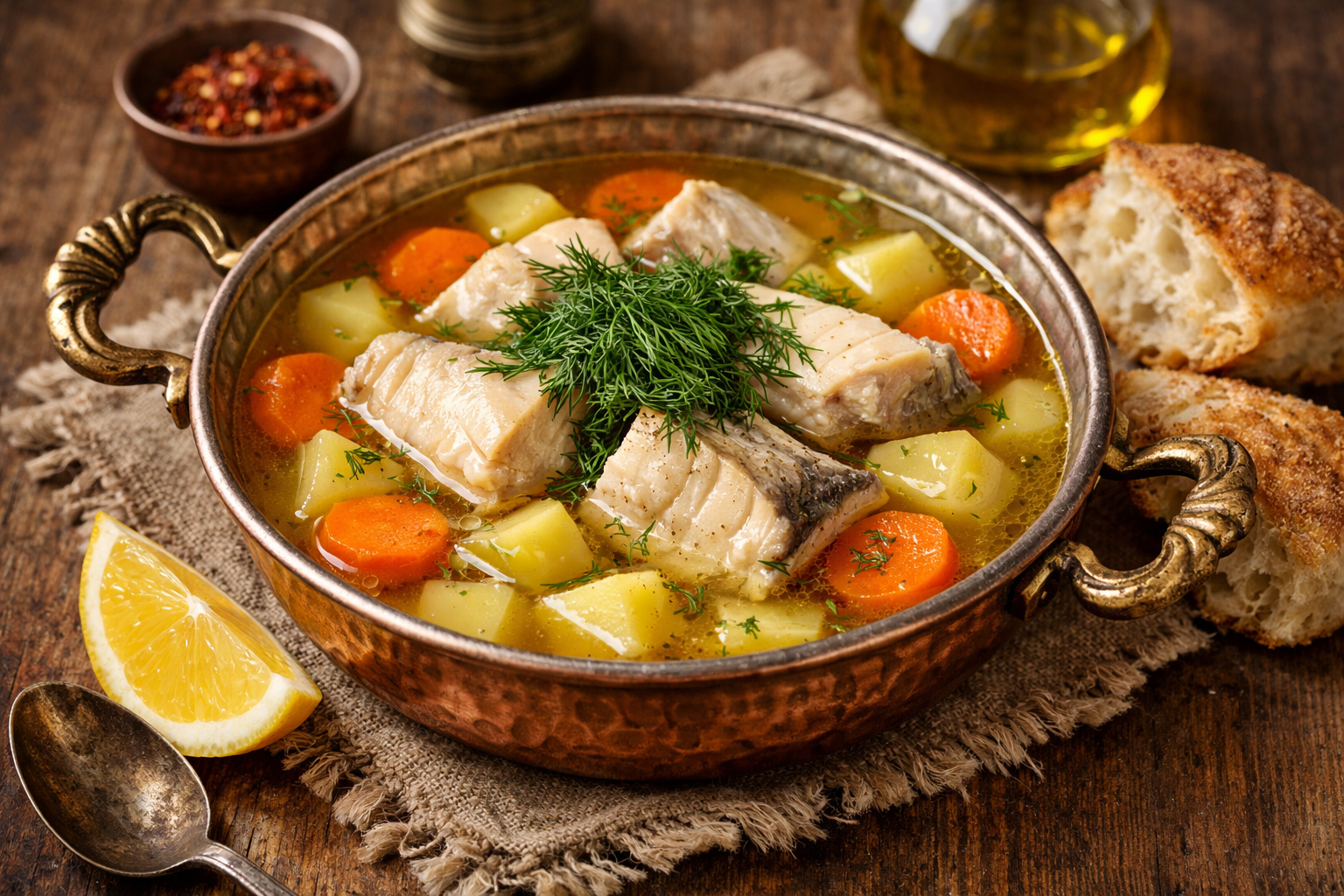 Berrak klasik balık çorbası limon dilimi ile servis edilmiş