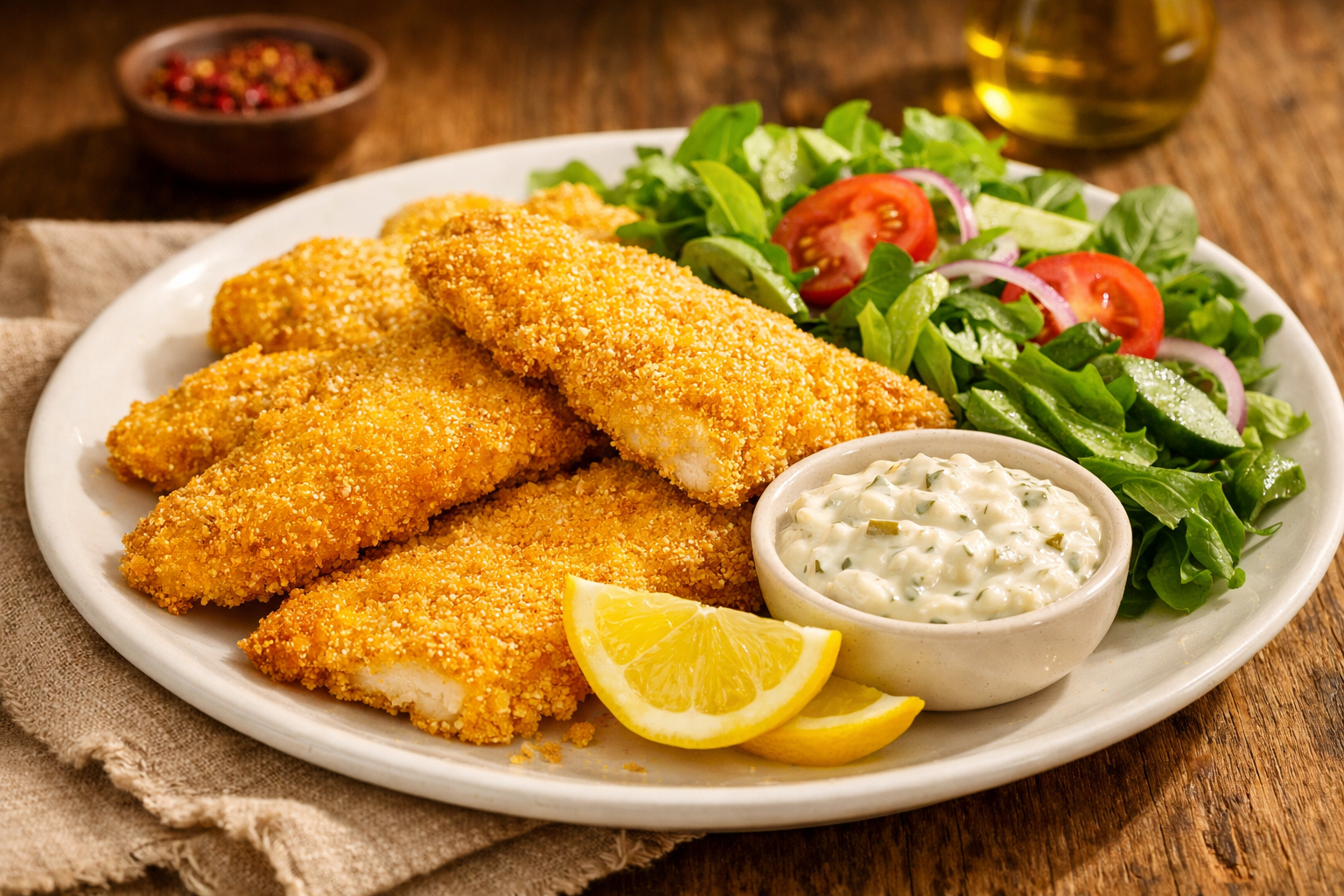 Mısır unu ile kaplanmış çıtır kızarmış balık filetoları