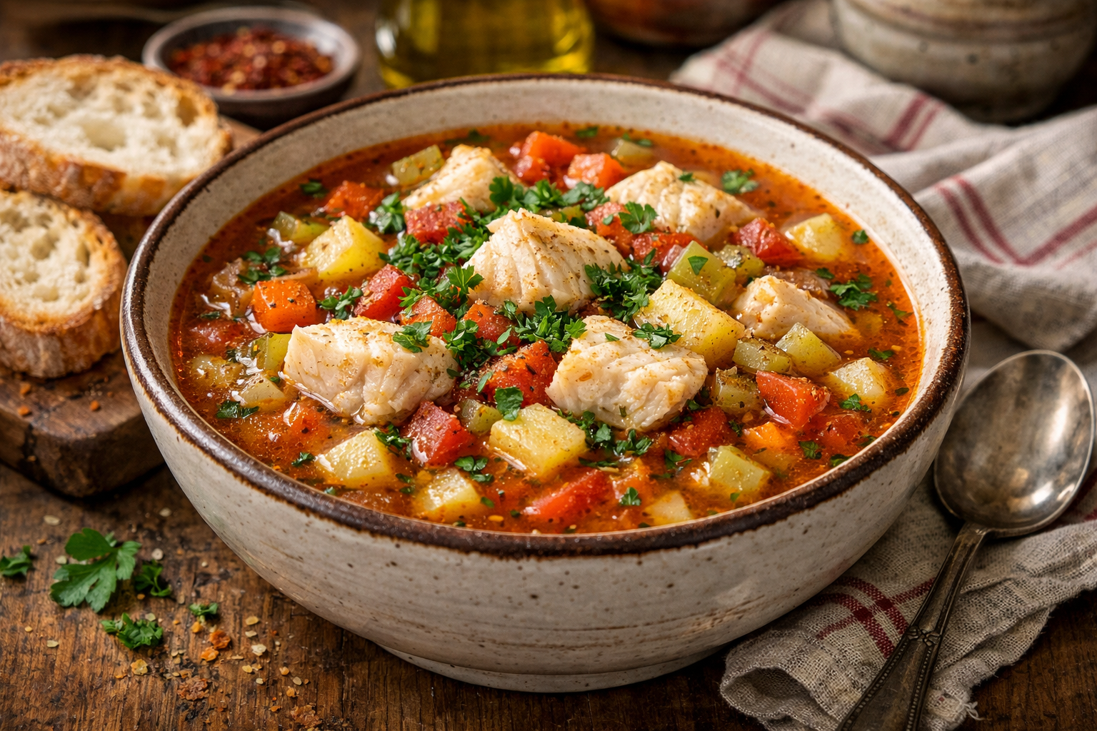 Bol sebzeli ve iri balık parçalı kıyılmış balık çorbası