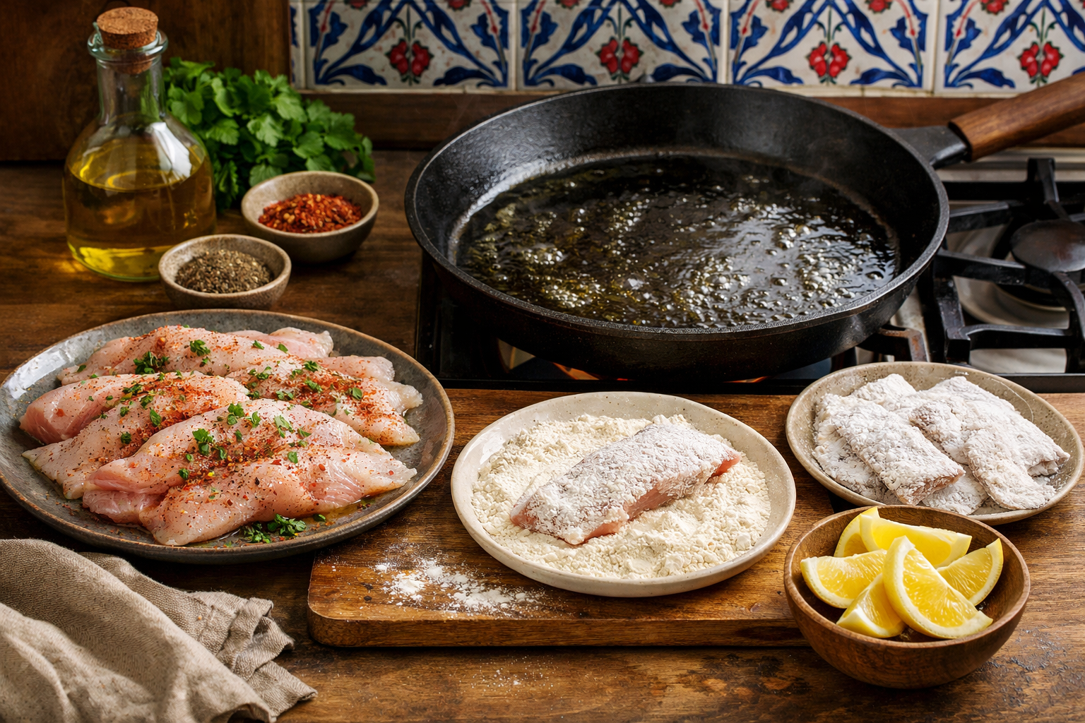 Tavada kızarmış çıtır balık filetoları, yanında limon ve yeşillik