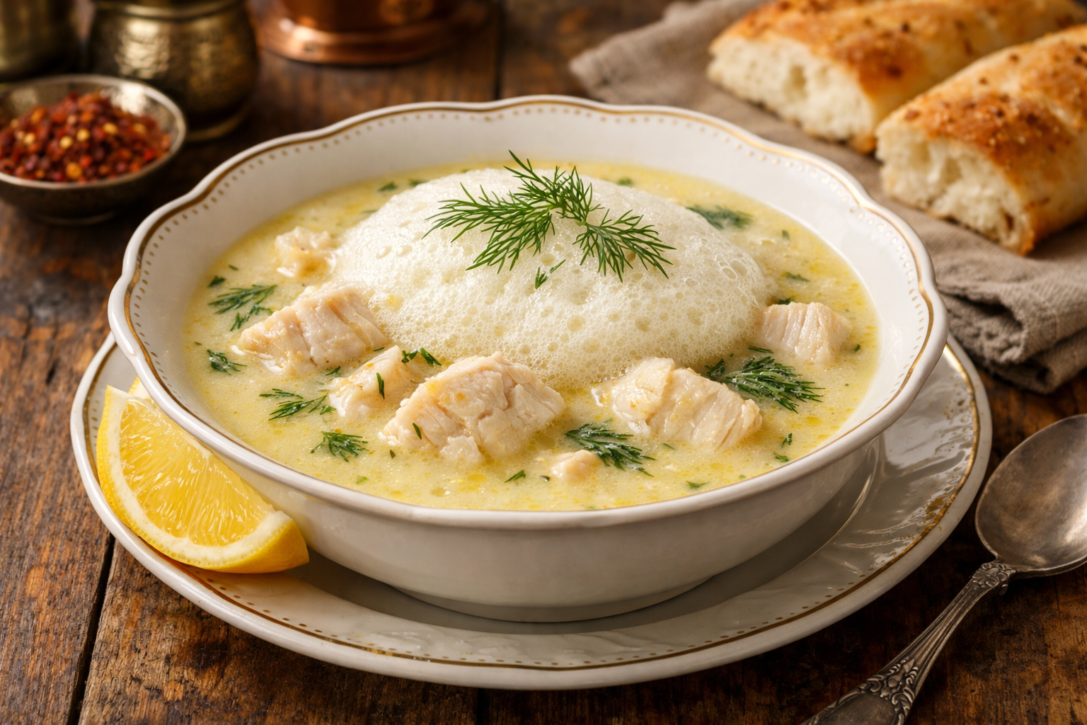 Terbiyeli balık çorbası kremamsı dokusuyla kasede